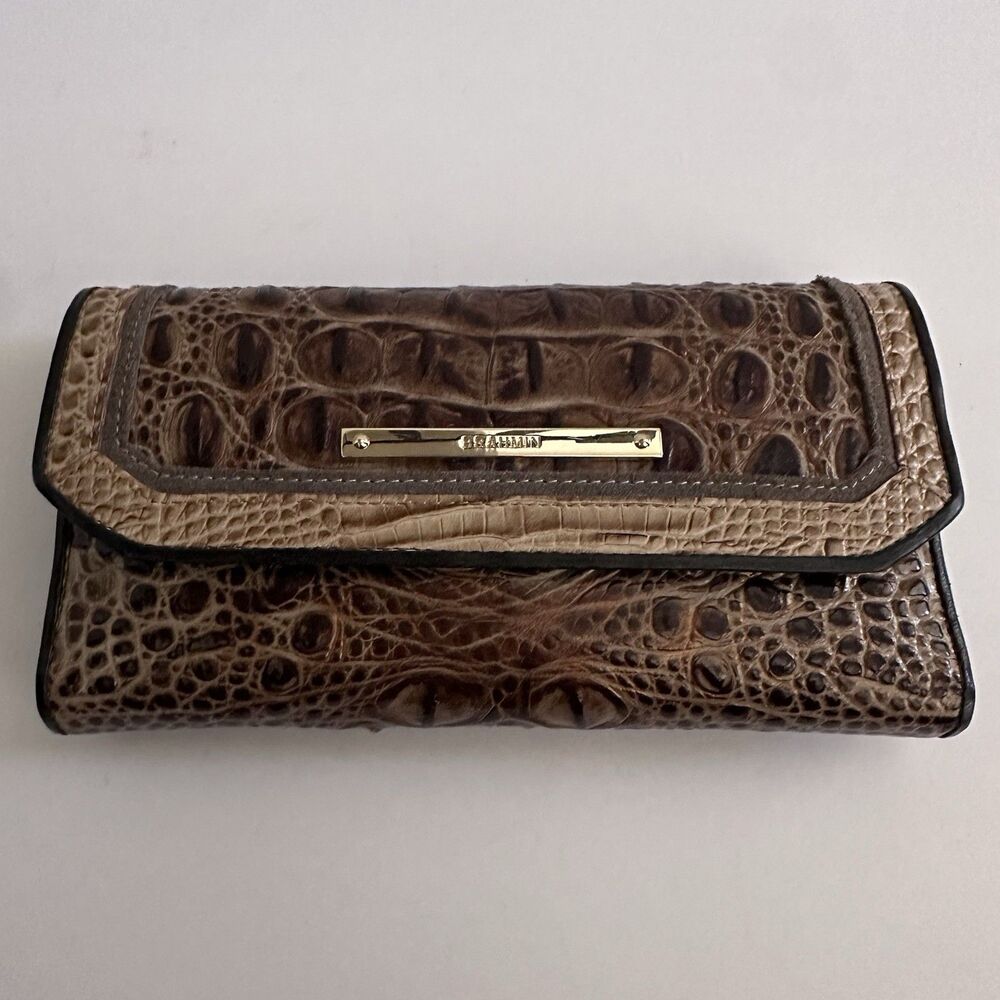 Brahmin Pecan Melbourne Trifold Checkbook Wallet Croc Embossed w/ Pen